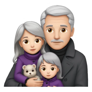 A father with silver-grey hair styled neatly and a clean-shaven face, wearing a dark turtleneck and wool coat, holding his girl child gently.  sticker