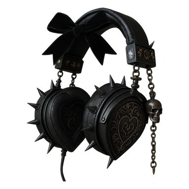 Add spiked hoops, a dangling skull charm, and a velvet ribbon to the realistic black gothic headphones with heart-shaped ear cups, metallic chains, and gothic engravings. Keep the background transparent. Maintain the realistic black gothic style with metallic and velvet textures. sticker