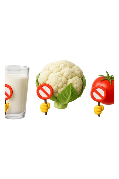 emoji stile iphone di un BICCHIERE DI LATTE CAVOLFIORE E POMODORO CHE FLUTTUANO IN ARIA VERTICALMENTE CON DIVIETI IN MANO, iperrealistico 4k, isolato su sfondo bianco sticker