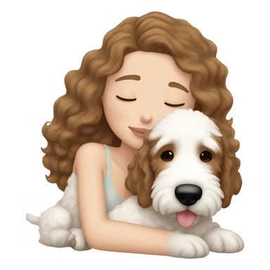 White girl straight  brown hair sleeping with cream golden doodle puppy  sticker