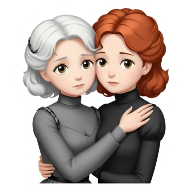Two Victorian women with grey eyes in a sad, intimate hug. One has bright white coiffed hair, one has dark copper coiffed hair. Both wearing Victorian turtleneck dresses with arms tightly around each other. sticker