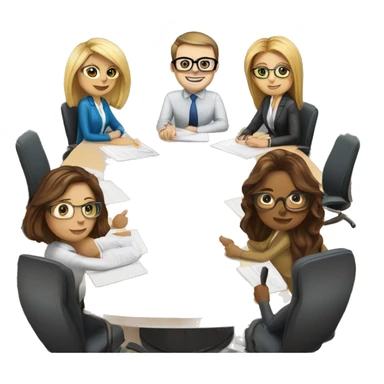 meeting table with 6 people seated two men, both width buzcuts and glases, two blonwimen with long hair, two brownhaired women with long hair and one brown haired woman with short hair sticker
