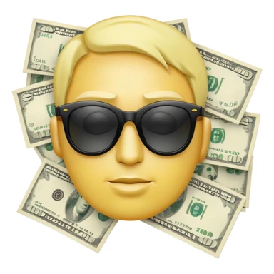 yellow head emoji with dollar bills for eyes, wearing slightly transparent black sunglasses, money symbols on face sticker