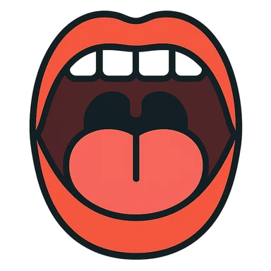 Schematic open mouth with visible tongue, symbolizing speech articulation and sound practice. Vector style, clean and sharp lines. Include realistic shadows and light reflections for depth. Minimalistic, educational design. Transparent background. High contrast between tongue, teeth, and lips for clarity. Flat illustration with soft shading, suitable for speech therapy materials sticker