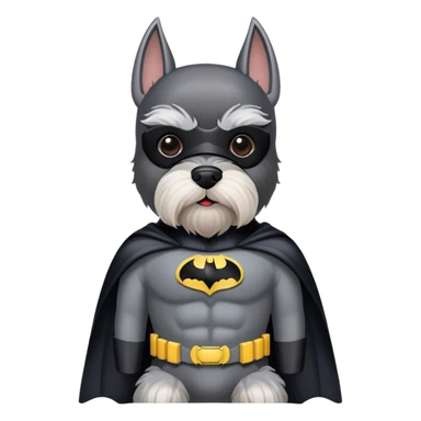 Miniature schnauzer wearing a Batman suit sticker