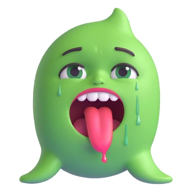humorous emoji of a distressed character with tears, green face, tongue out, and cartoon puke, over-the-top reaction sticker