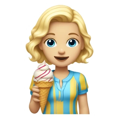 Girl with blonde hair, blue eyes, yellow striped shirt, holding vanilla ice cream cone sticker