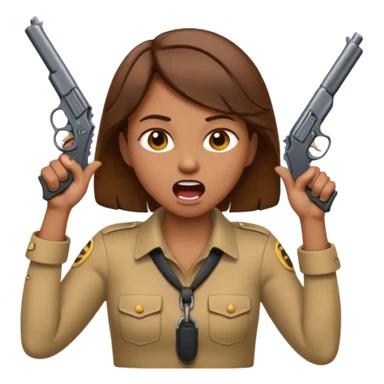 the woman emoji with brown hair and tan skin choking herself  with both hands around her neck with her mouth open and two arms from behind her holding a gun in each hand point directly at her head sticker