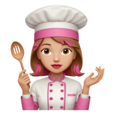 Girl in pink chef outfit, light brown hair, light skin, red lipstick sticker