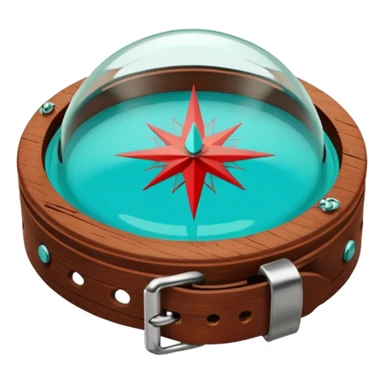 Round glass dome with turquoise-green liquid inside, red compass needle floating in center, brown wooden wrist band with metal clasps, anime cartoon style with clean line art sticker