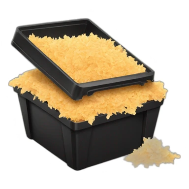 Black cubic plastic container with wood shavings inside sticker