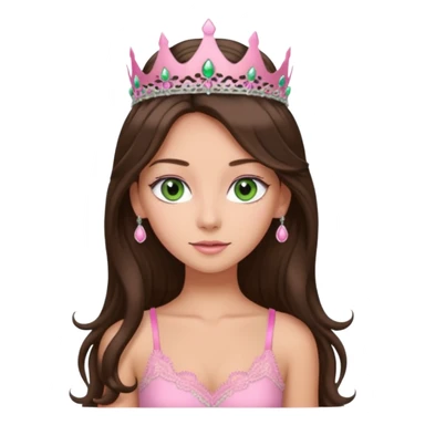 super long haired brunette with middle part cute pink lacy tank with a pink tiara on head, white but tan green eyes  sticker