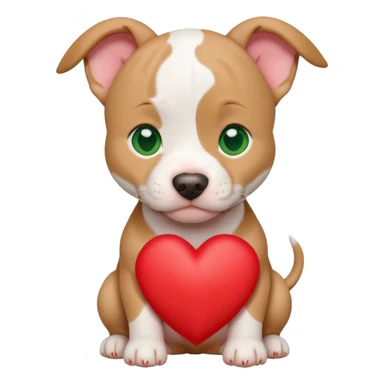 White and tan pitbull puppy with green eyes and cropped ears holding a heart sticker