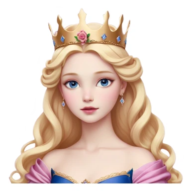 Cinematic Realistic Sleeping Beauty (Aurora) Portrait, with porcelain-like skin featuring a natural rosy flush, illuminated by soft lighting that highlights the gentle contours of her face. Her golden blonde hair flows in soft, detailed waves with subtle highlights that shimmer in the light. Her deep violet-blue eyes radiate warmth and innocence, framed by arched brows and long lashes. With a soft, serene smile, she holds a delicate rose gently in one hand, her other hand resting lightly by her side. She is dressed in her classic pink gown, the fabric rich in texture with delicate folds that catch the light. A golden crown rests atop her head, gleaming with royal refinement. The portrait captures a soft, glowing aura, blending realism with an ethereal sense of beauty and timeless enchantment. sticker