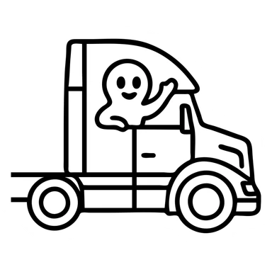 Keep the background transparent, Casper the ghost waving from the window of the white semi truck in outlined icon style. sticker
