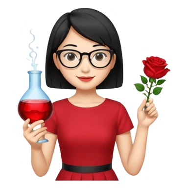 female asian chemistry teacher wearing glasses holdin a flask pointing right with straight short hair to her shoulders wearing a red dress with roses on it and black hair and make the glasses more retangle and make her hold a flash with one hand and with the other point right and make her smile sticker