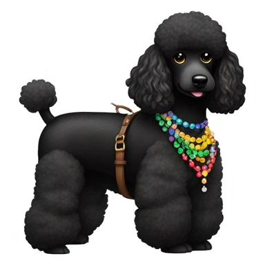 One Small Black Poodle with one  colorful bead necklaces with brown harness sticker