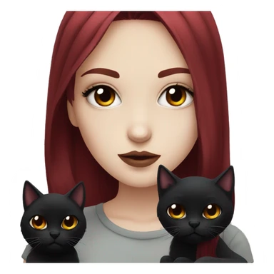 Pale girl with black eyeshadow and long  burgundy red colored hair with an emo haircut and layered holding a black cat sticker