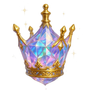 luxurious crystal elixir bottle shaped like a crown, pastel gradient, lots of shine, facets, ornaments, golden details, magical effects, very small golden neck, transparent background, beautiful connected base, clearly floating in the air, no base or shadow, premium class, interesting design, fits a collection sticker