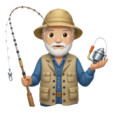 an old white haired, bearded man in fisherman attire, sat in a big boat on the ocean, holding one fishing rod in one hand, with the end of the fishing line touching the water sticker