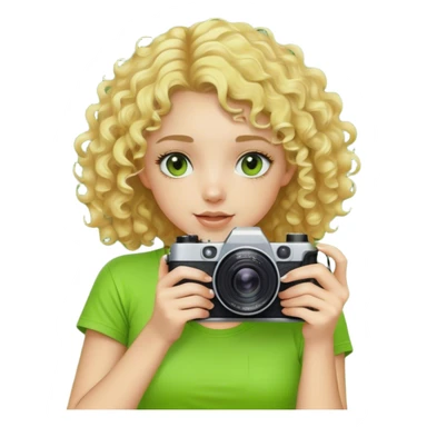 curly-haired blonde girl with fair skin in an acid green T-shirt with a camera in her hands sticker