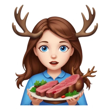 Girl with deer antlers eats meat, brown hair, blue eyes  sticker