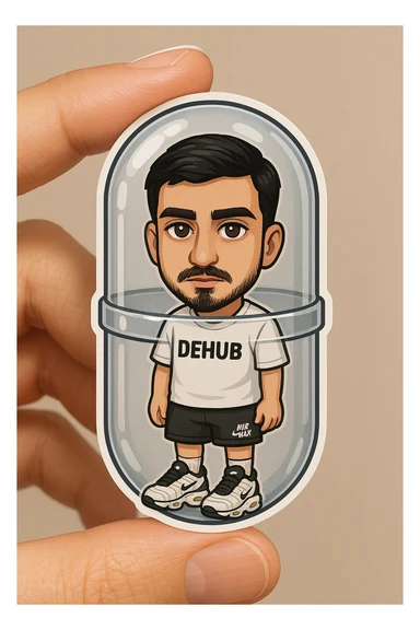 A highly detailed, all-glass gashapon capsule held between two fingers. Inside is a miniature chibi version of the person in the reference photo, with the same face, life-size chibi style. The chibi wears a white T-shirt with 'DEHUB', black 'Air Max' shorts, Air Max TN shoes, and white Nike socks. Emphasize the realism of the capsule and the collectible charm of the chibi figure inside. sticker