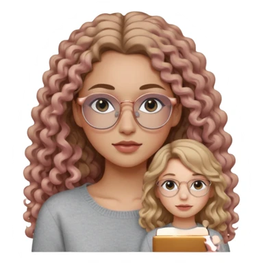 aesthetic white girl with dark blonde, long curly hair , in front of the girl's sholders and black eyes  , light grey sweater top and rose gold glasses sticker