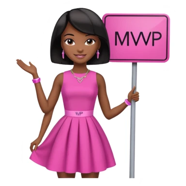 Black barbie, short  black bob  hair, pink dress with a sign that says mvp sticker
