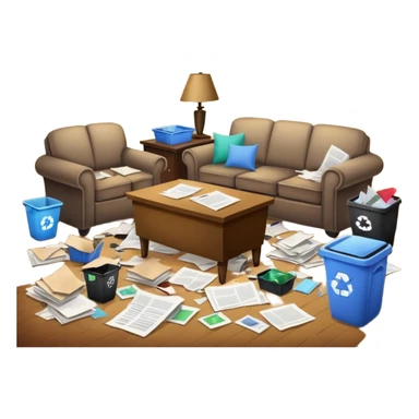 dirty living room with papers and trash sticker