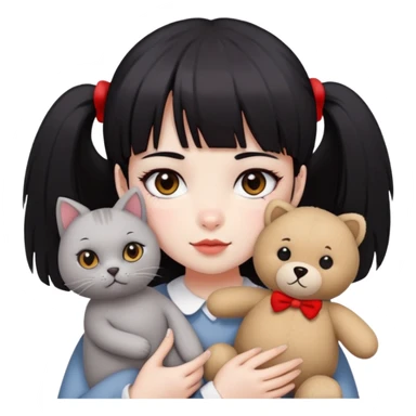  A girl with black eyes, red cheeks, black hair with straight bangs, and white face is holding a British gray cat and a brown teddy bear  sticker