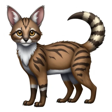Realistic patterned marked edgy greyish blackish whitish silvery coppery Shiny Colorful Glossy Genet-Caracal-Lion-Bobcat-fusion-animal-hybrid-creature, full body, big-tufted-bat-ears, long-thin-tufted-white-tipped-tail sticker