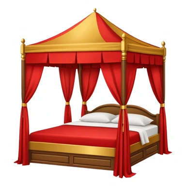 bed with red and gold sheets, wooden, canopy, simple sticker