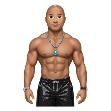 Dwayne Johnson with black sequin baggy pants, shirtless with necklace, dark brown hair sticker