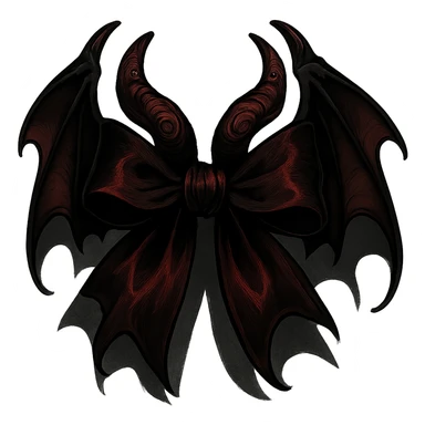 devil bow, gothic style, dark red and black colors, ornate horns, dramatic shadows, elegant and sinister, bat wings sticker