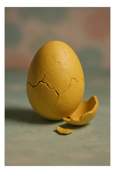 A golden broken egg in claymation style with a cracked shell, matte texture with visible fingerprints, pastel colors. sticker