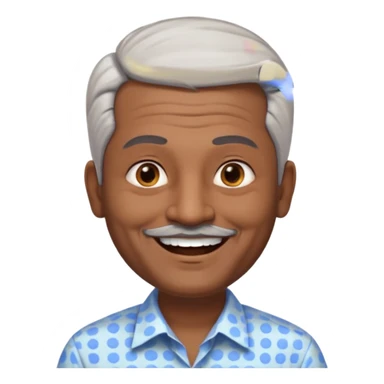 50 yr old indian man, dark skin, grey hair, big smile, white teeth, chubby, no moustache, clean shaven, young style hair, hair brushed back, 5 oclock shadow, dot on forehead, dress shirt sticker
