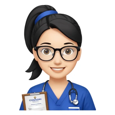 Ghibli style scene of jumping Nurse, white woman, black hair in ponytail, brown eyes, black glasses, royal blue scrubs happy with Certificate  sticker