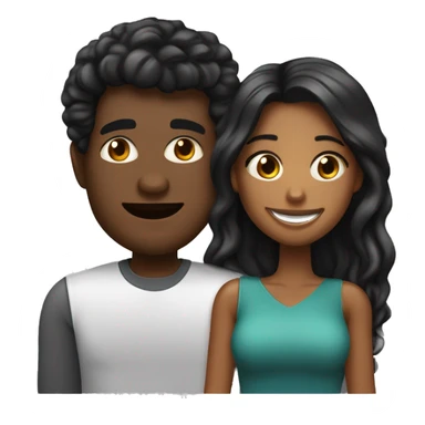 Pareja de un chico de pelo negro liso y corto y de piel moreno, y una chica blanca con el pelo negro largo y ondulado haciéndose un selfie sticker