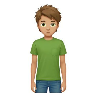 A 14 yerar old teenage boy, slightly tanned, wearing a green tshirt (no pocket), blue jeans and green sneakers with brown tousled hair, smirking sticker