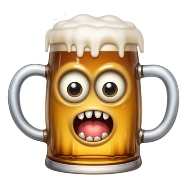 A wobbly beer tankard with eyes and teeth like a mimic monster, overflowing with beer sticker