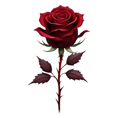 A single Gothic rose, its deep red petals unfolding in shades of scarlet and burgundy, stands alone against a dark, misty backdrop. A flowing black silk ribbon wraps around its thorny stem, adding an air of mystery and elegance. sticker