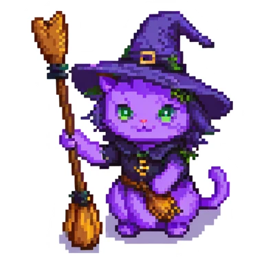 purple witch cat with a broom sticker