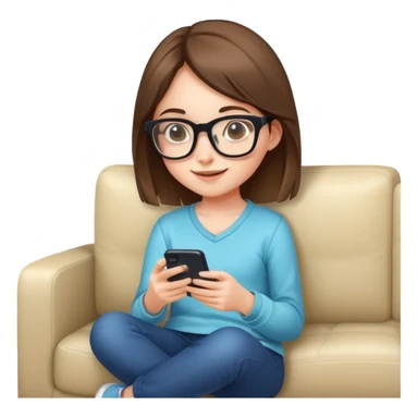 A cute young girl with glasses sitting on a couch, happily playing a mobile phone game sticker