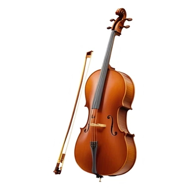Create an elegant and refined emoji representing the Cremona cello with a Hans Klein HKCB bow. The design should feature the curved wooden body of the cello with a rich, glossy finish, capturing its classical shape and intricate details. The bow should be displayed with fine craftsmanship, highlighting the hair and the smooth, polished wooden stick. Include subtle musical notes floating around the instrument to emphasize its rich, melodic sound. Use deep wood tones like chestnut brown, gold accents for the fittings, and soft lighting effects to give the instrument a timeless, professional feel. The background should be transparent. sticker