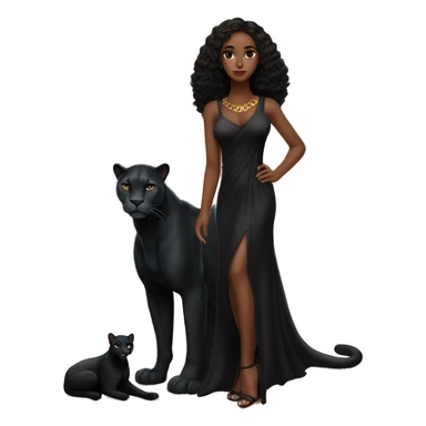 A beautiful girl with dark brown hair below her shoulders, big black eyes and long eyelashes, dressed in a black tight long dress and next to her, near her feet, a statuesque black panther with amber eyes and serious in the sticker