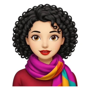 emoji of a young fashionable woman, curly black hair, wearing a colorful scarf and bold lipstick, confident expression sticker