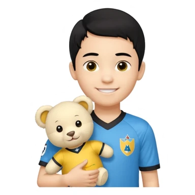 Un enfant qui a les cheveux noir sur le coter qui sourit il a un maillot de l’om et qui a un petit doudou jaune sur son epaule sticker