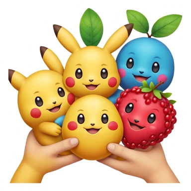 Three Pokémon characters showing kindness and teamwork. One Pokémon is handing a berry to another, while the third Pokémon is cheering and clapping happily. They look joyful and friendly, standing close together in a bright, colorful cartoon scene. The style is cute, playful, and emoji-like. sticker