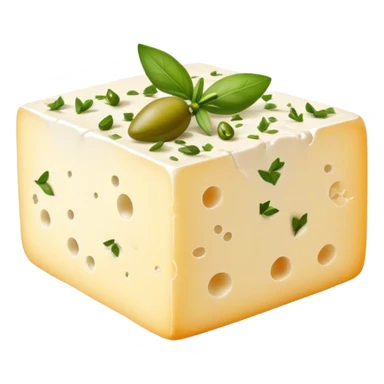 Cinematic Realistic Feta Cheese Dish Emoji, depicted as a block of crumbly, tangy cheese garnished with olive oil and herbs rendered with lifelike detail and soft natural lighting. sticker